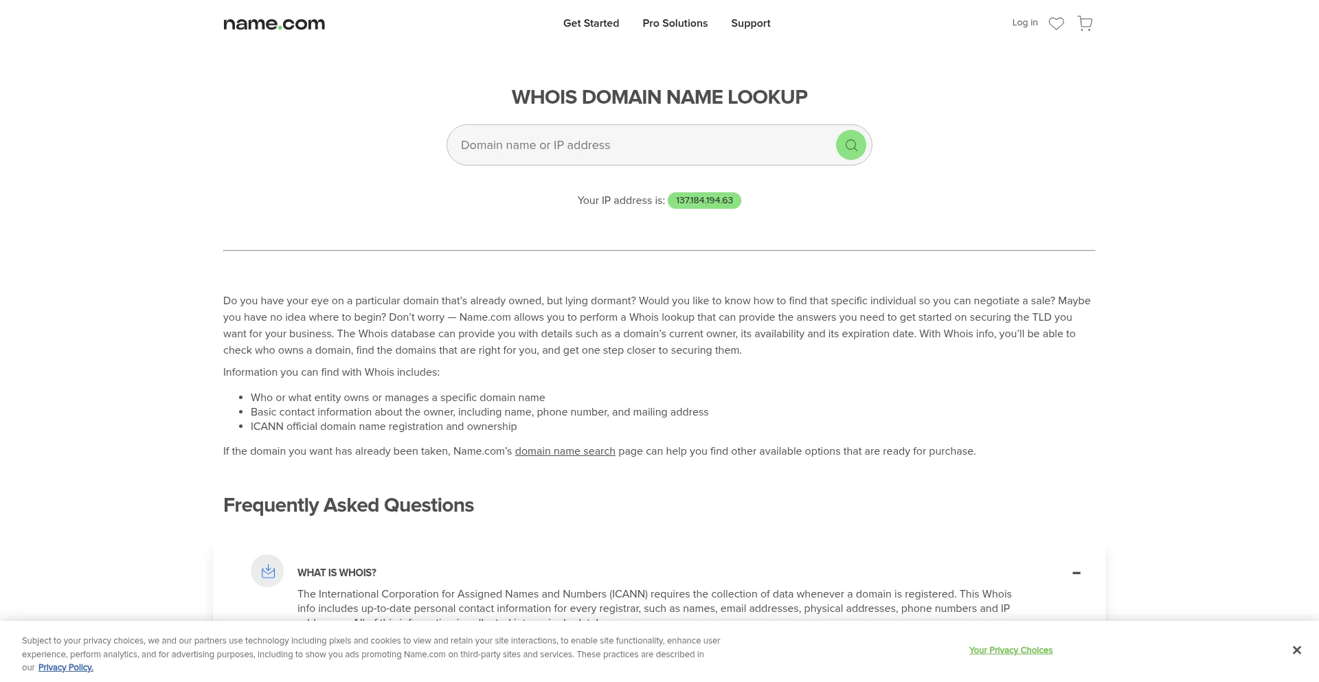 Website screenshot of Whois.name.com