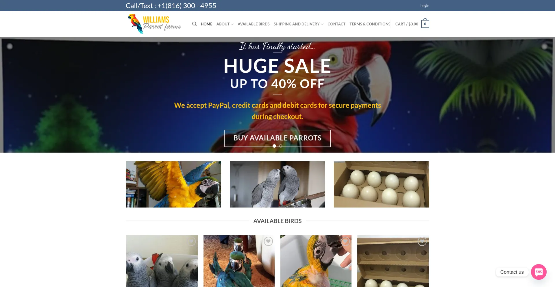 Website screenshot of Williamsparrotfarms.com