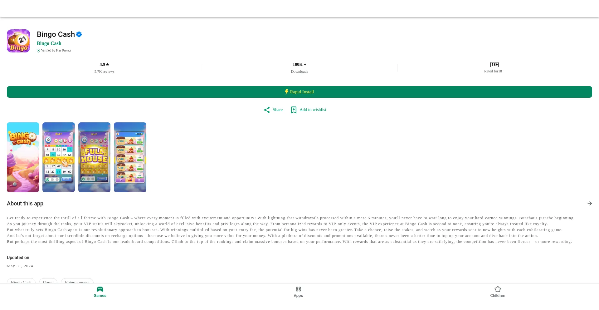 Website screenshot of Winbingocash888.com