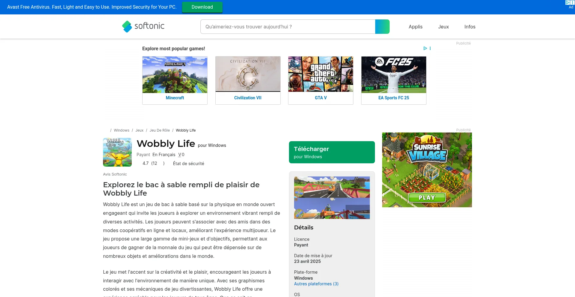 Website screenshot of Wobbly-life.fr.softonic.com