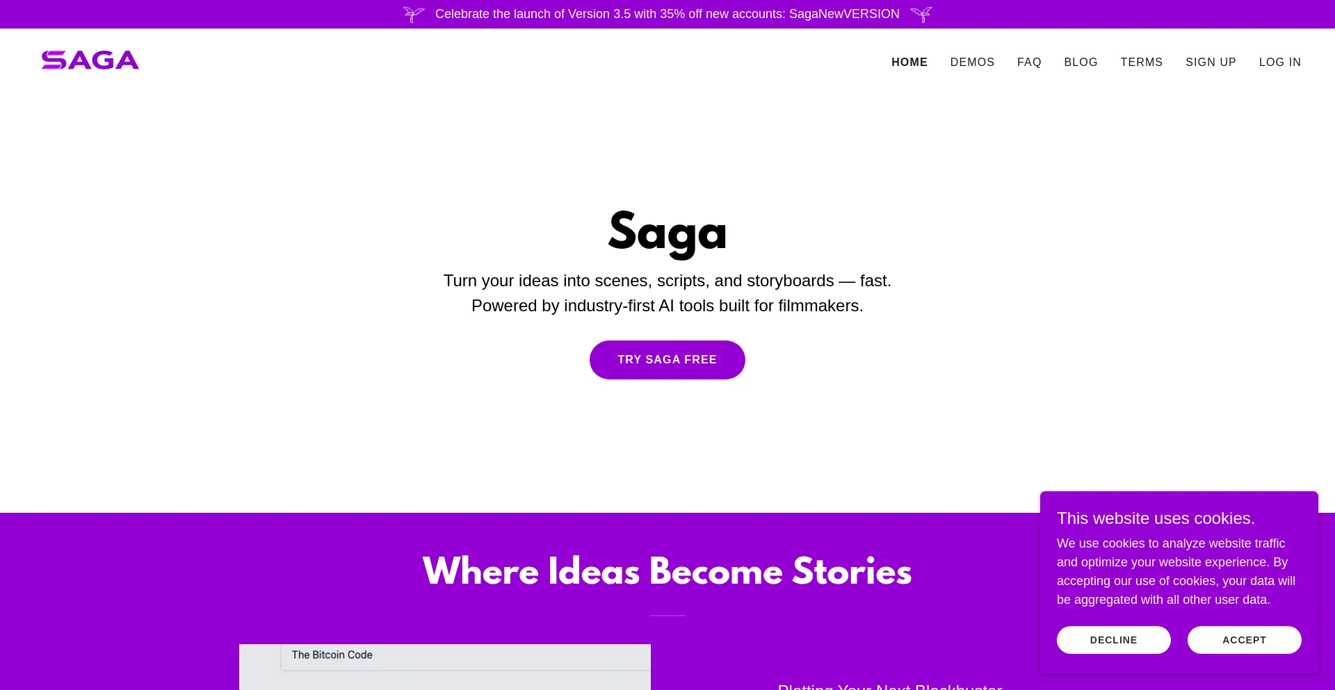 Website screenshot of Writeonsaga.com