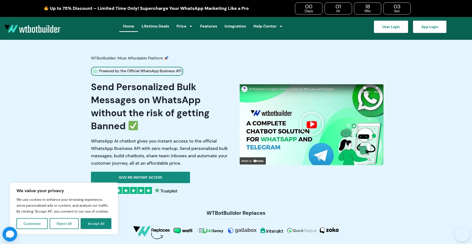 Website screenshot of Wtbotbuilder.com