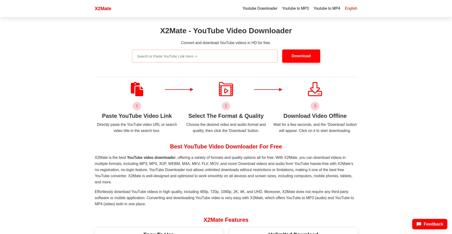 Website screenshot of X2mate.click