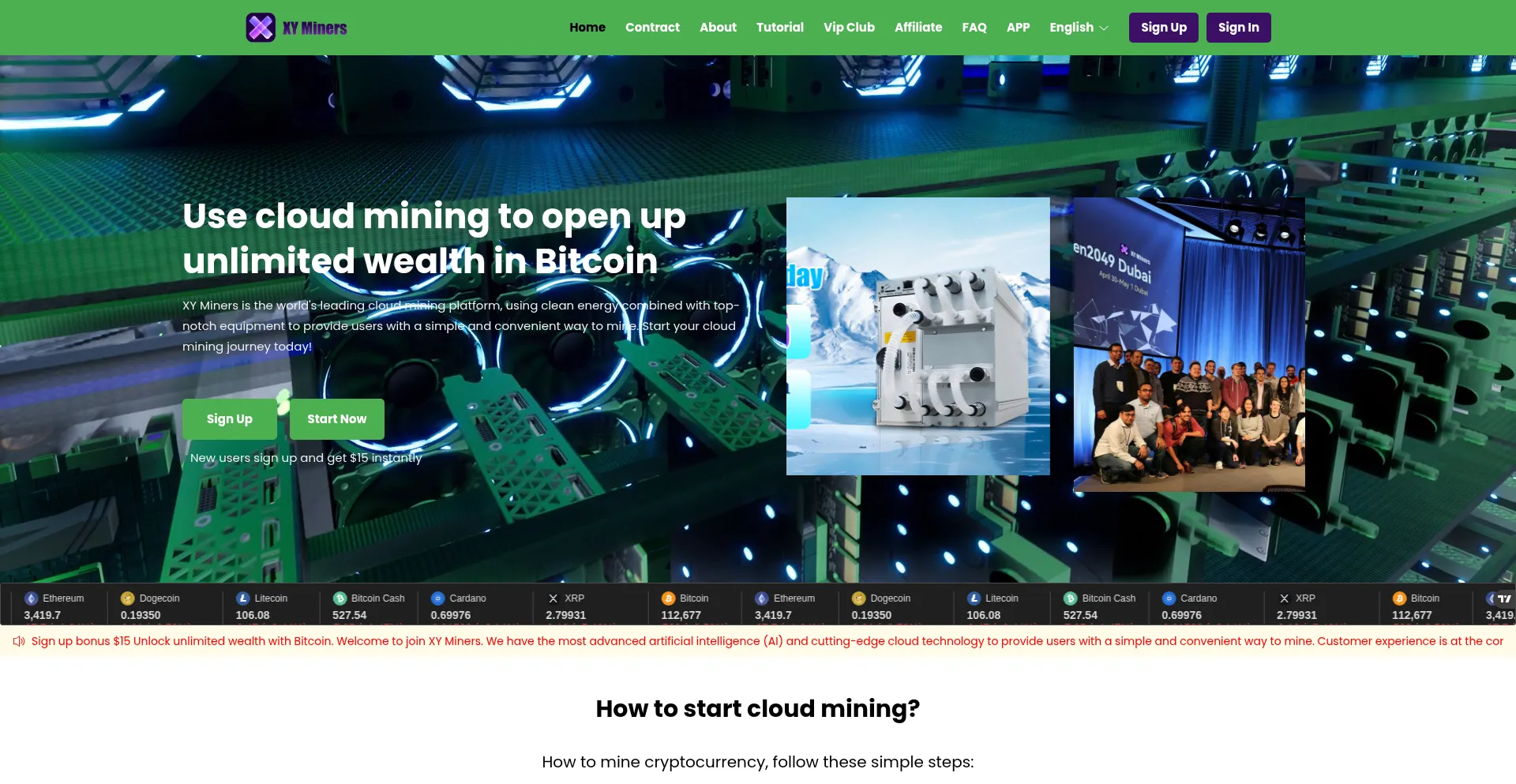 Website screenshot of Xyminers.cc