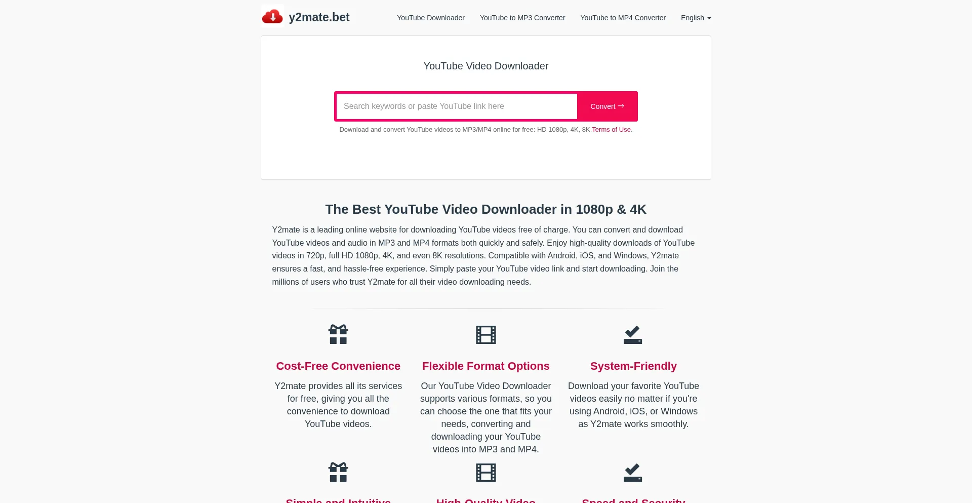 Website screenshot of Y2mate.bet