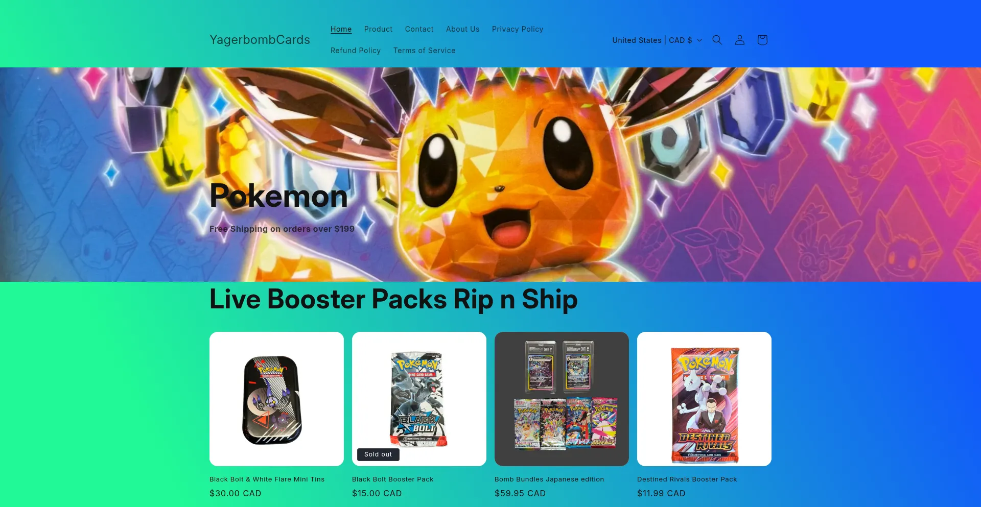 Website screenshot of Yagerbombcards.myshopify.com