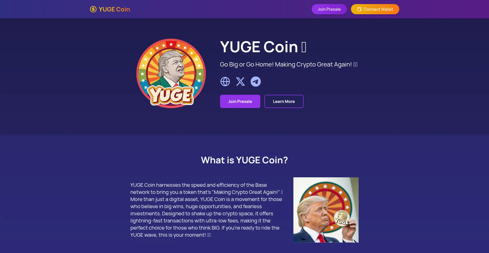 Website screenshot of Yuge-coin.com