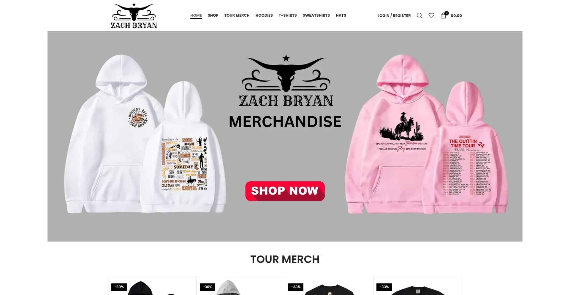 Website screenshot of Zachbryanmerchofficials.com