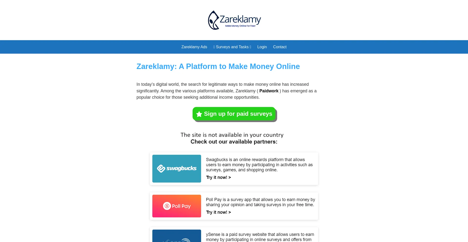 Website screenshot of Zareklamy.in