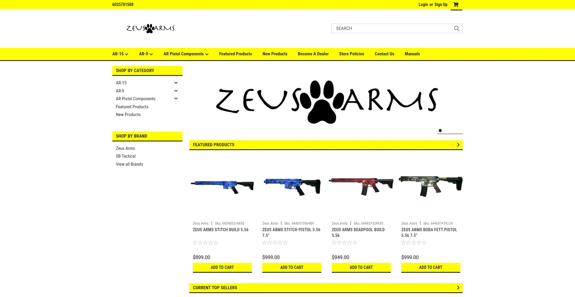Website screenshot of Zeusarms.com