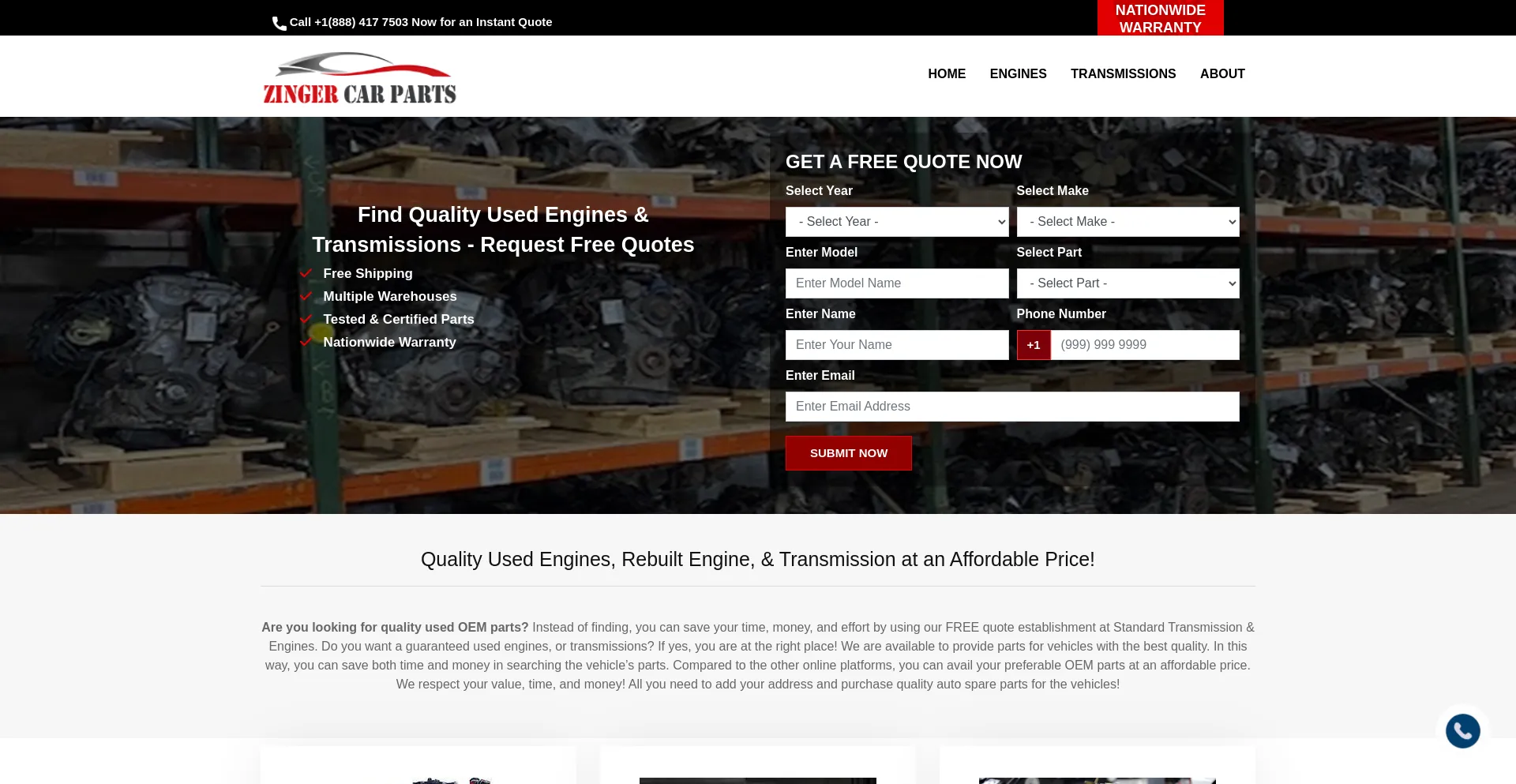 Website screenshot of Zingercarparts.com