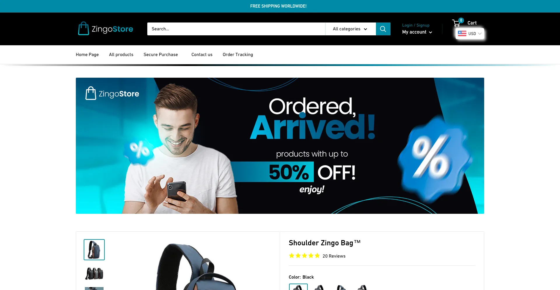 Website screenshot of Zingostore.com