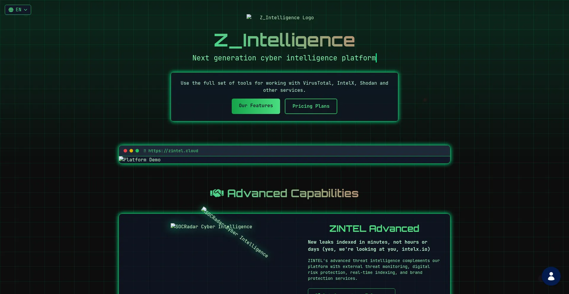 Website screenshot of Zintel.cloud