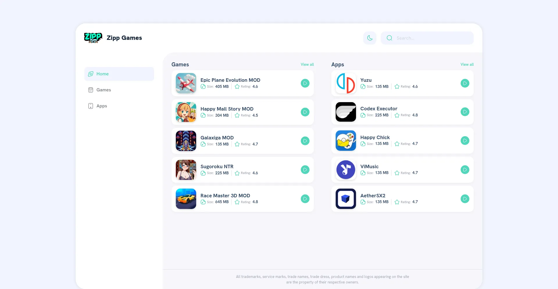 Website screenshot of Zippgames.com