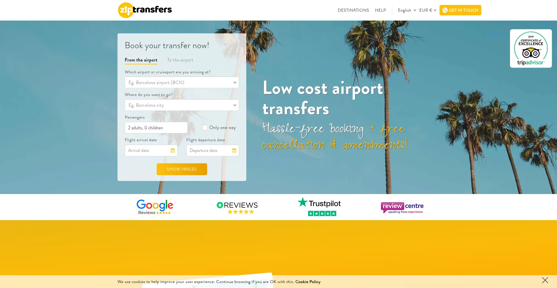 Website screenshot of Ziptransfers.com