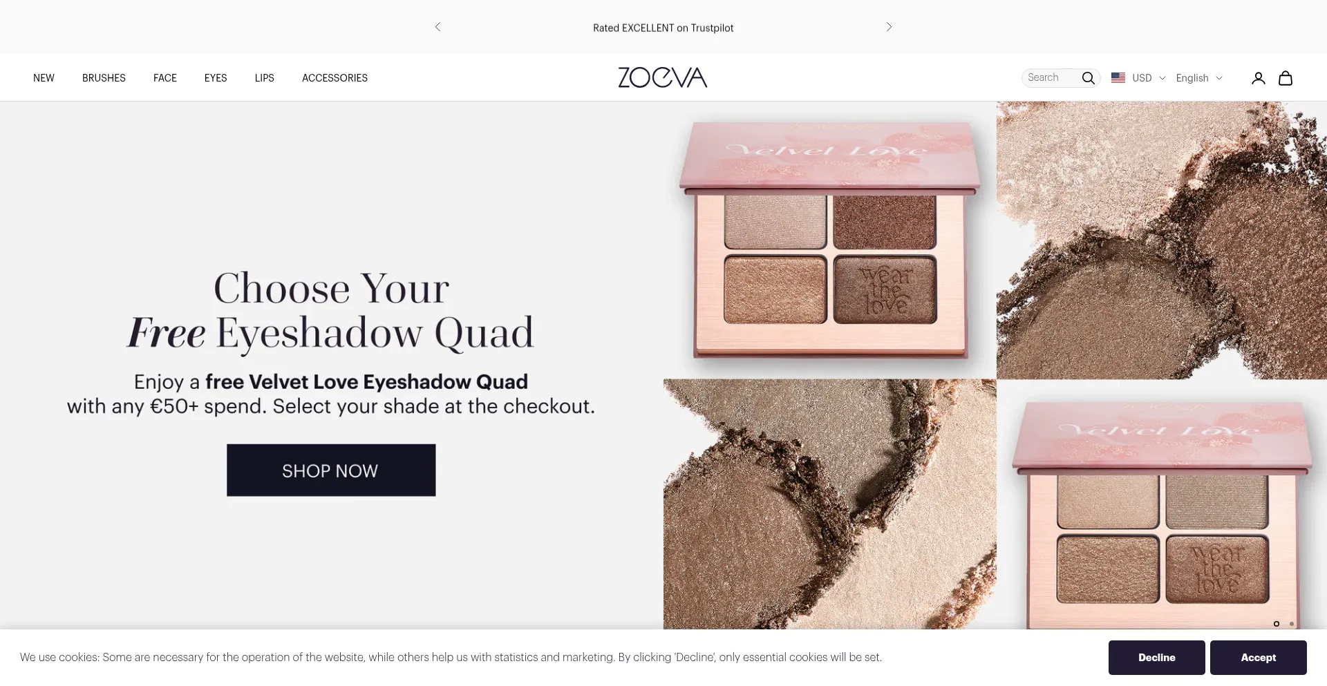 Website screenshot of Zoevacosmetics.com