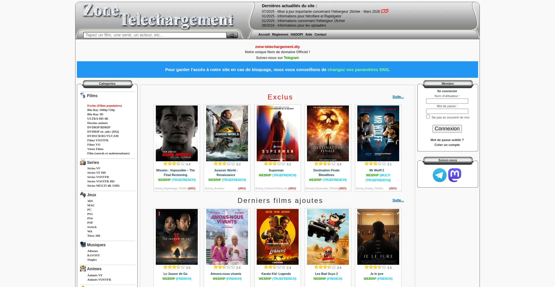 Website screenshot of Zone-telechargement.diy