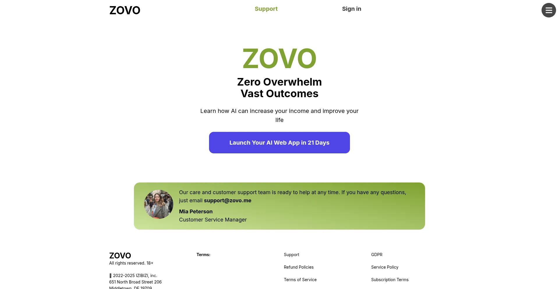 Website screenshot of Zovo.me