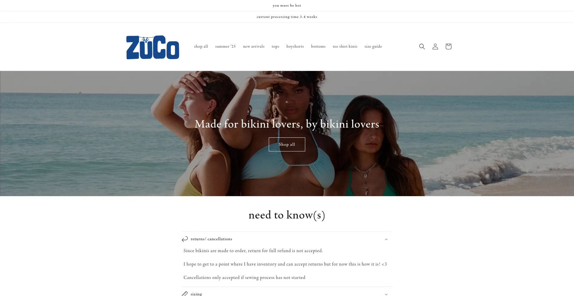 Website screenshot of Zucoswimwear.com