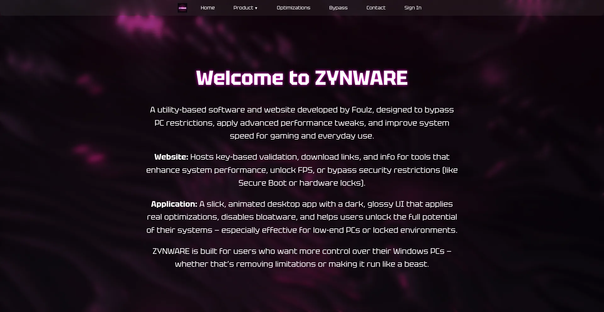 Website screenshot of Zynware.xyz